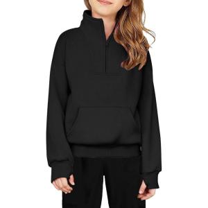 Arshiner Girls Half Zip Sweatshirt Fleece Quarter Zip Pullover Sweatshirts Fall Clothes for Teen Girls Thumb Hole(Black)
