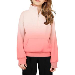 Arshiner Girls Half Zip Sweatshirt Fleece Quarter Zip Pullover Sweatshirts Fall Clothes for Teen Girls Thumb Hole(Gradient Pink)