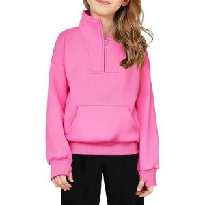 Arshiner Girls Half Zip Sweatshirt Fleece Quarter Zip Pullover Sweatshirts Fall Clothes for Teen Girls Thumb Hole(Hot Pink)