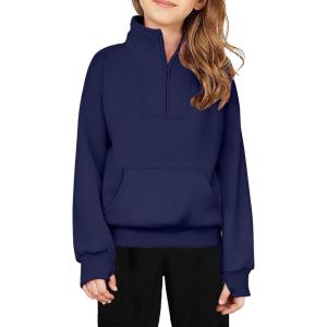 Arshiner Girls Half Zip Sweatshirt Fleece Quarter Zip Pullover Sweatshirts Fall Clothes for Teen Girls Thumb Hole(Navy Blue)