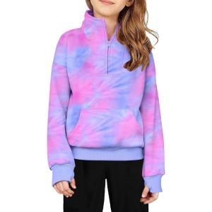 Arshiner Girls Half Zip Sweatshirt Fleece Quarter Zip Pullover Sweatshirts Fall Clothes for Teen Girls Thumb Hole(Tie Dye Pink)