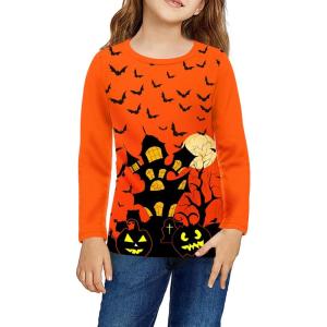 Arshiner Girls Halloween Shirts Cotton Tops for Girl Long Sleeves Classic Style Blouse Tops Tee Blouse(Halloween-orange With Prints)
