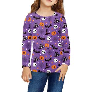 Arshiner Girls Halloween Shirts Cotton Tops for Girl Long Sleeves Classic Style Blouse Tops Tee Blouse(Halloween-purple With Prints)