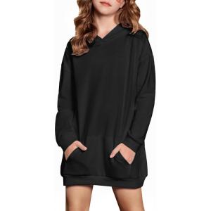 Arshiner Girls Hoodies Kids Long Pullover Hooded Sweatshirt Long hoodies for Girls Hoodie Dress with Pockets for 5-14 Years(Black)