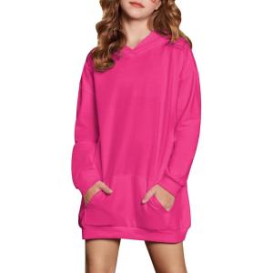 Arshiner Girls Hoodies Kids Long Pullover Hooded Sweatshirt Long hoodies for Girls Hoodie Dress with Pockets for 5-14 Years(Hot Pink)