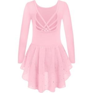 Arshiner Girls Long Sleeve Ballet Leotards with Shinny Skirts Criss-Cross Back Dance Dresses(Ballet Pink)