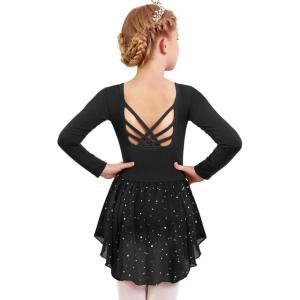 Arshiner Girls Long Sleeve Ballet Leotards with Shinny Skirts Criss-Cross Back Dance Dresses(Black)