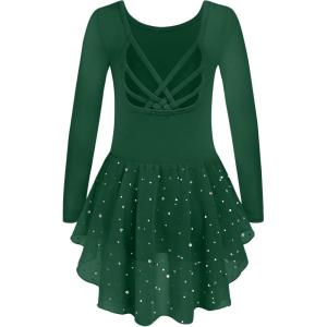 Arshiner Girls Long Sleeve Ballet Leotards with Shinny Skirts Criss-Cross Back Dance Dresses(Green)