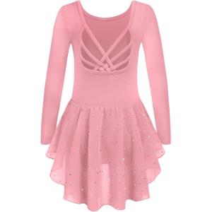Arshiner Girls Long Sleeve Ballet Leotards with Shinny Skirts Criss-Cross Back Dance Dresses(Hot Pink)