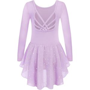 Arshiner Girls Long Sleeve Ballet Leotards with Shinny Skirts Criss-Cross Back Dance Dresses(Lilac)