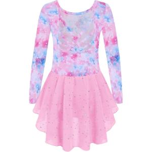 Arshiner Girls Long Sleeve Ballet Leotards with Shinny Skirts Criss-Cross Back Dance Dresses(Multi Star)