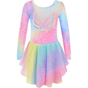 Arshiner Girls Long Sleeve Ballet Leotards with Shinny Skirts Criss-Cross Back Dance Dresses(Rainbow)