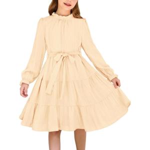 Arshiner Girls Long Sleeve Dress Tween Fall Formal Party Holiday Midi Tiered Flowy Swing Dresses with Belt 5-13 Y(Beige)