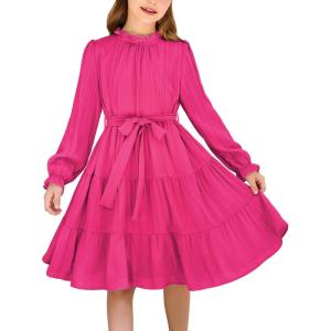 Arshiner Girls Long Sleeve Dress Tween Fall Formal Party Holiday Midi Tiered Flowy Swing Dresses with Belt 5-13 Y(Hot Pink)