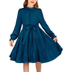 Arshiner Girls Long Sleeve Dress Tween Fall Formal Party Holiday Midi Tiered Flowy Swing Dresses with Belt 5-13 Y(Navy)