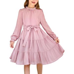 Arshiner Girls Long Sleeve Dress Tween Fall Formal Party Holiday Midi Tiered Flowy Swing Dresses with Belt 5-13 Y(Pink)