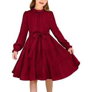 Arshiner Girls Long Sleeve Dress Tween Fall Formal Party Holiday Midi Tiered Flowy Swing Dresses with Belt 5-13 Y(Red)