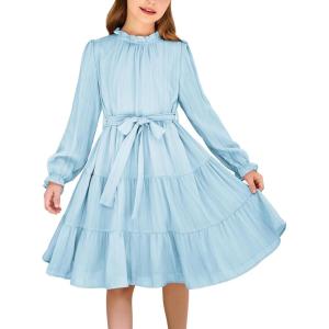 Arshiner Girls Long Sleeve Dress Tween Fall Formal Party Holiday Midi Tiered Flowy Swing Dresses with Belt 5-13 Y(Sky Blue)