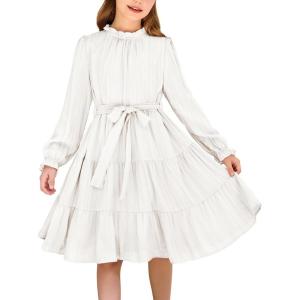 Arshiner Girls Long Sleeve Dress Tween Fall Formal Party Holiday Midi Tiered Flowy Swing Dresses with Belt 5-13 Y(White)