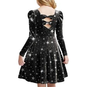 Arshiner Girls Long Sleeve Dress Velvet Crew Neck Bow Back Holiday Party Dresses with Pockets(Black(galaxy Print))