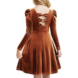 Arshiner Girls Long Sleeve Dress Velvet Crew Neck Bow Back Holiday Party Dresses with Pockets(Burnt Orange)