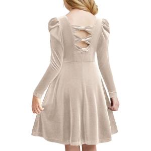 Arshiner Girls Long Sleeve Dress Velvet Crew Neck Bow Back Holiday Party Dresses with Pockets(Champagne)
