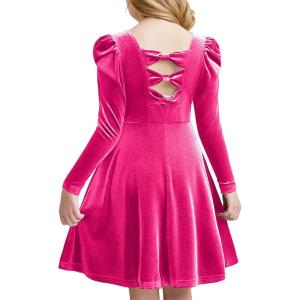 Arshiner Girls Long Sleeve Dress Velvet Crew Neck Bow Back Holiday Party Dresses with Pockets(Hot Pink)