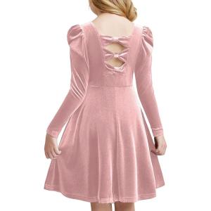 Arshiner Girls Long Sleeve Dress Velvet Crew Neck Bow Back Holiday Party Dresses with Pockets(Light Pink)