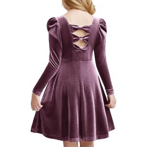 Arshiner Girls Long Sleeve Dress Velvet Crew Neck Bow Back Holiday Party Dresses with Pockets(Mauve)