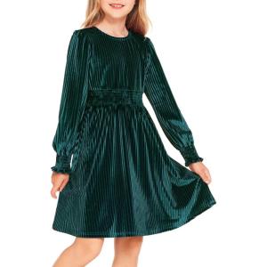 Arshiner Girls Long Sleeve Dress Velvet Crew Neck Midi Fall Vintage Plain Dress for Kids 4-13Y(0-green)