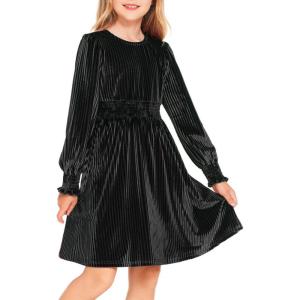Arshiner Girls Long Sleeve Dress Velvet Crew Neck Midi Fall Vintage Plain Dress for Kids 4-13Y(Black)