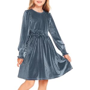 Arshiner Girls Long Sleeve Dress Velvet Crew Neck Midi Fall Vintage Plain Dress for Kids 4-13Y(Dusty Blue)