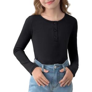 Arshiner Girls Long Sleeve Henley Ribbed Knit Shirts for Girls Button Down Slim Fit Tops Round Neck Blouses(Black)