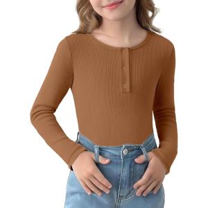 Arshiner Girls Long Sleeve Henley Ribbed Knit Shirts for Girls Button Down Slim Fit Tops Round Neck Blouses(Brown)