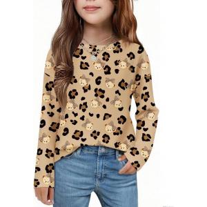Arshiner Girls Long Sleeve Shirts Drop Shoulder Casual Loose Fit Crewneck Blouse Tee Tops(Leopard-teddy)