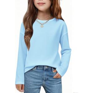 Arshiner Girls Long Sleeve Shirts Drop Shoulder Casual Loose Fit Crewneck Blouse Tee Tops(Light Blue)
