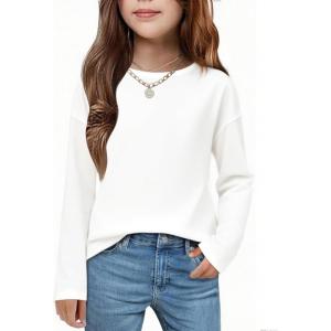 Arshiner Girls Long Sleeve Shirts Drop Shoulder Casual Loose Fit Crewneck Blouse Tee Tops(White)