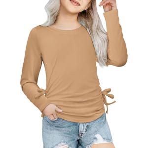 Arshiner Girls Long Sleeve Shirts Ruched Knot Side Tunic Blouse Tee Tops(Khaki)