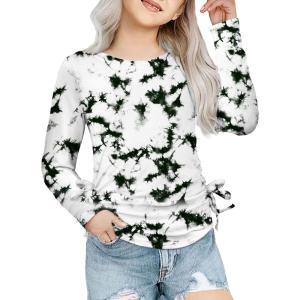 Arshiner Girls Long Sleeve Shirts Ruched Knot Side Tunic Blouse Tee Tops(Tie-dye 2)