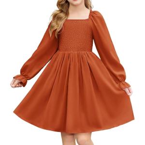 Arshiner Girls Long Sleeve Smocked Skater Fall Winter Elegant Dress with Pockets(Caramel)