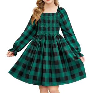 Arshiner Girls Long Sleeve Smocked Skater Fall Winter Elegant Dress with Pockets(Green Black)