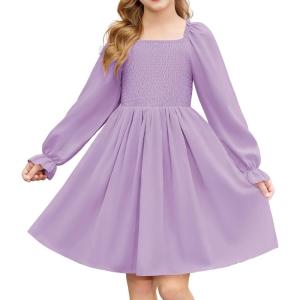 Arshiner Girls Long Sleeve Smocked Skater Fall Winter Elegant Dress with Pockets(Lavender)