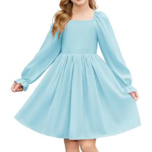 Arshiner Girls Long Sleeve Smocked Skater Fall Winter Elegant Dress with Pockets(Light Blue)