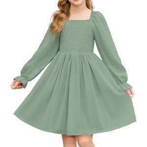 Arshiner Girls Long Sleeve Smocked Skater Fall Winter Elegant Dress with Pockets(Light Green)