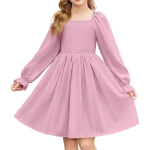 Arshiner Girls Long Sleeve Smocked Skater Fall Winter Elegant Dress with Pockets(Pink)