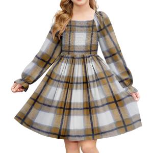 Arshiner Girls Long Sleeve Smocked Skater Fall Winter Elegant Dress with Pockets(Plaid)