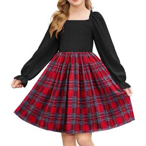 Arshiner Girls Long Sleeve Smocked Skater Fall Winter Elegant Dress with Pockets(Red Plaid)