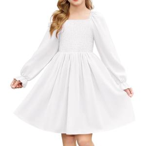 Arshiner Girls Long Sleeve Smocked Skater Fall Winter Elegant Dress with Pockets(White)