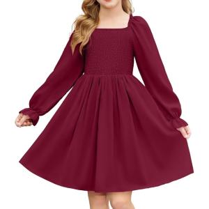 Arshiner Girls Long Sleeve Smocked Skater Fall Winter Elegant Dress with Pockets(Wine Red)