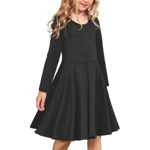 Arshiner Girls Long Sleeve Stretchy Dress A line Twirly Skater School Party Dress(Black)